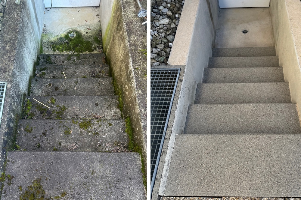 Treppenabgang aus Beton vermoost und gereinigt